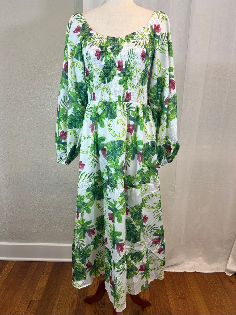 S-Deer Smocked Tropical Print Maxi Dress - White & Green